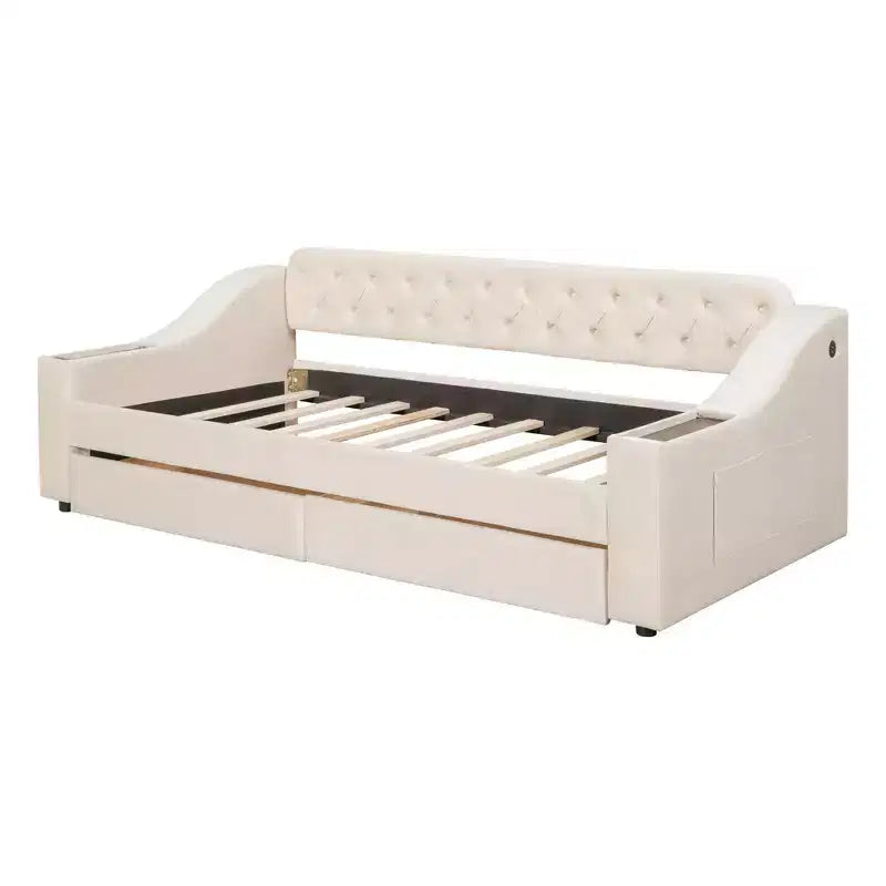 Daybed imbottito Luxystar, una piazza e mezza, con 2 cassetti portaoggetti, braccioli e porte USB, divano letto con schienale trapuntato per soggiorno