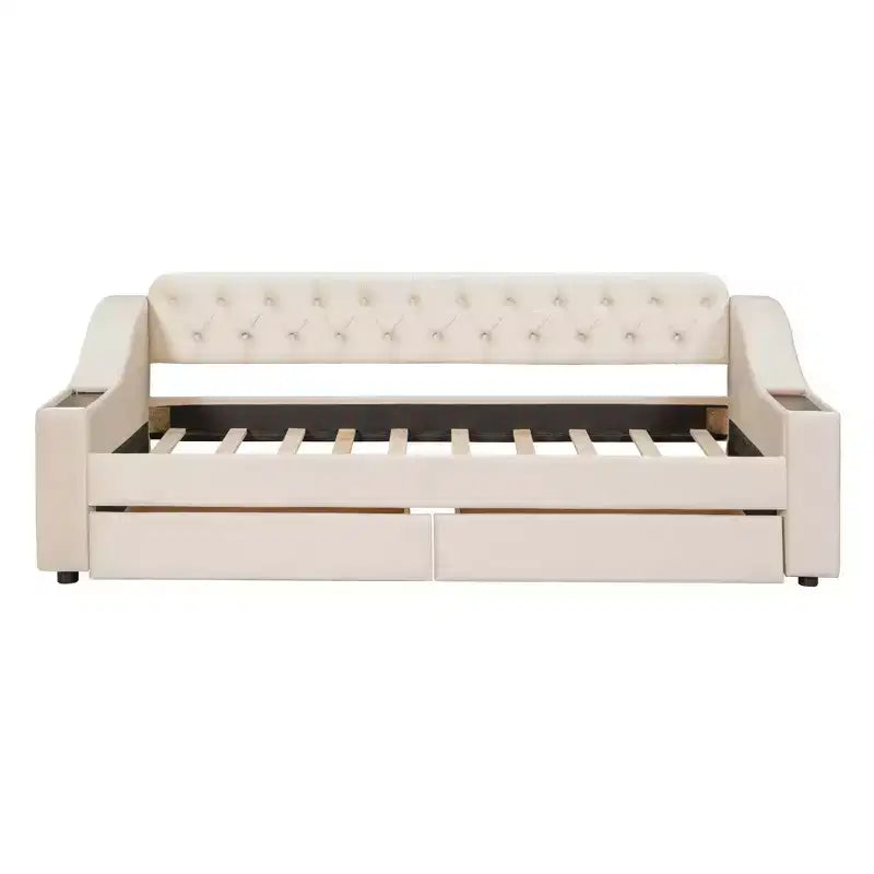 Daybed imbottito Luxystar, una piazza e mezza, con 2 cassetti portaoggetti, braccioli e porte USB, divano letto con schienale trapuntato per soggiorno