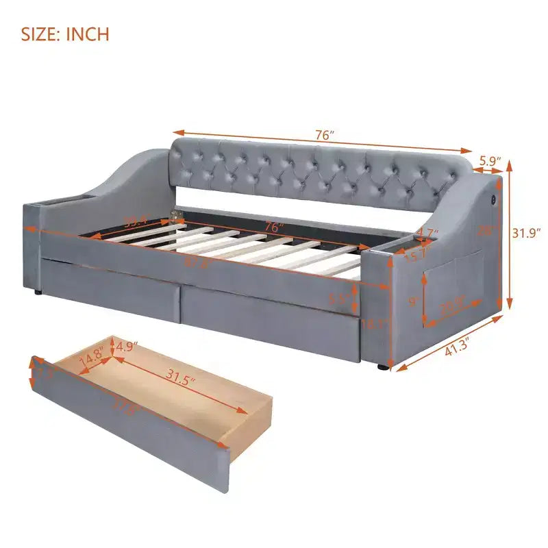 Daybed imbottito Luxystar, una piazza e mezza, con 2 cassetti portaoggetti, braccioli e porte USB, divano letto con schienale trapuntato per soggiorno