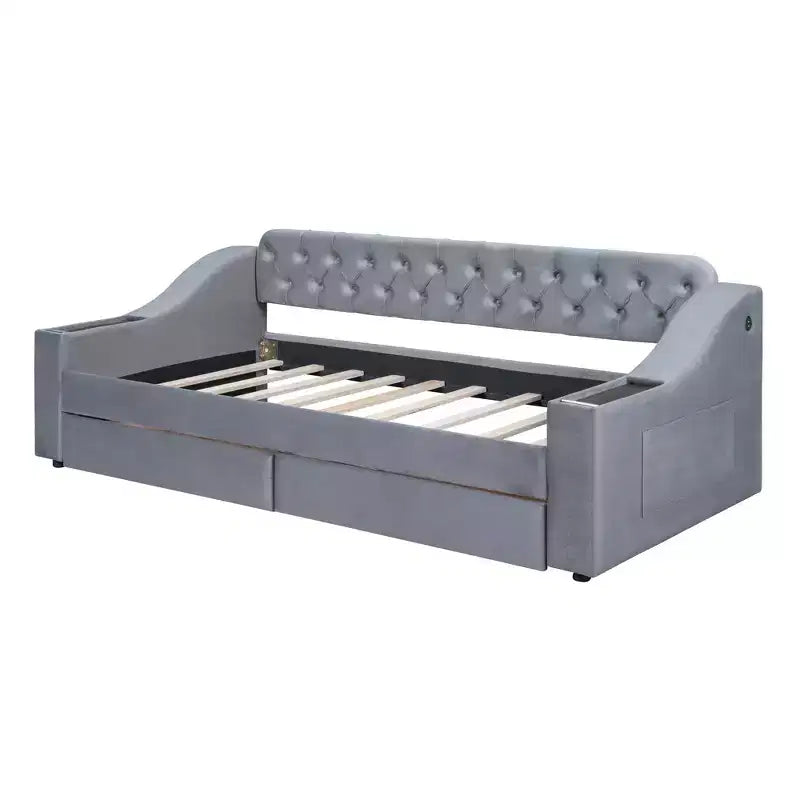 Daybed imbottito Luxystar, una piazza e mezza, con 2 cassetti portaoggetti, braccioli e porte USB, divano letto con schienale trapuntato per soggiorno