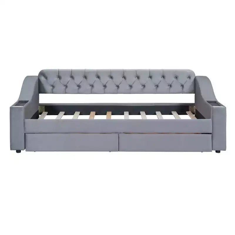 Daybed imbottito Luxystar, una piazza e mezza, con 2 cassetti portaoggetti, braccioli e porte USB, divano letto con schienale trapuntato per soggiorno