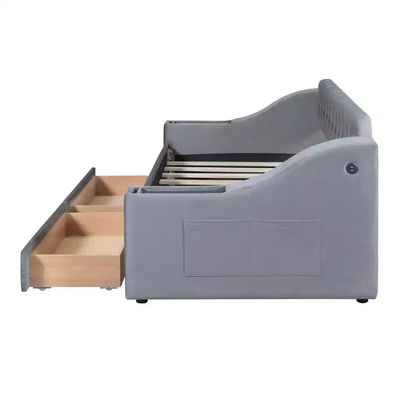 Daybed imbottito Luxystar, una piazza e mezza, con 2 cassetti portaoggetti, braccioli e porte USB, divano letto con schienale trapuntato per soggiorno