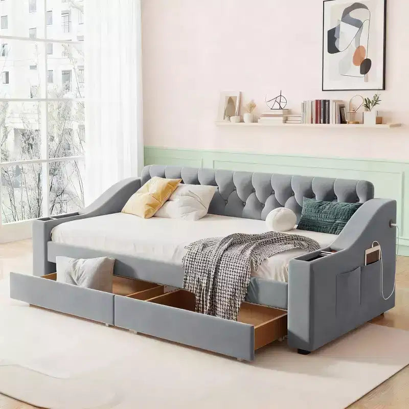 Daybed imbottito Luxystar, una piazza e mezza, con 2 cassetti portaoggetti, braccioli e porte USB, divano letto con schienale trapuntato per soggiorno