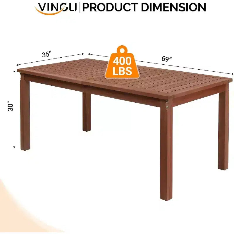 VINGLI Tavolo da pranzo in legno per esterni grande da 175 cm per patio, tavolo da fattoria in legno massiccio 89x76 cm, tavolo in legno impermeabile per giardino, cortile, terrazza