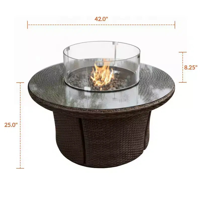 Tavolo rotondo per braciere a propano da 42 pollici Covers&All, vimini Java con paravento e vetro ignifugo