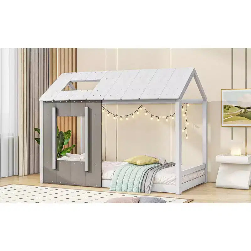 Bellemave Letto a Piattaforma per Bambini a Forma di Casetta con Tetto e Finestra, Struttura in Legno Massiccio, Design Moderno a Casetta, Bianco e Grigio Antico, Facile da Montare