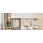 Bellemave Letto a Piattaforma per Bambini a Forma di Casetta con Tetto e Finestra, Struttura in Legno Massiccio, Design Moderno a Casetta, Bianco e Grigio Antico, Facile da Montare
