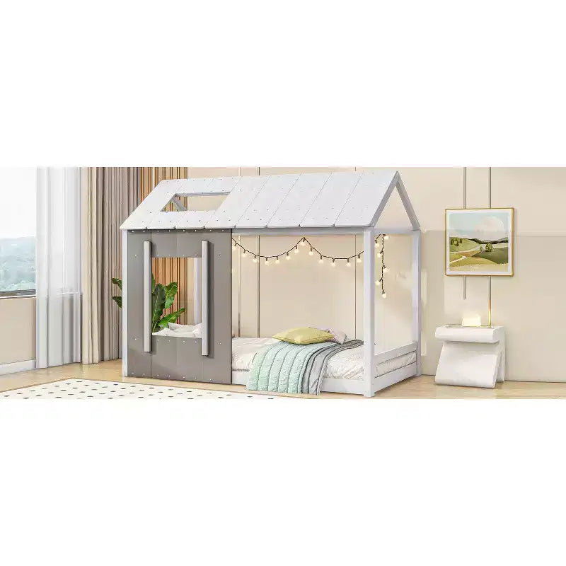 Bellemave Letto a Piattaforma per Bambini a Forma di Casetta con Tetto e Finestra, Struttura in Legno Massiccio, Design Moderno a Casetta, Bianco e Grigio Antico, Facile da Montare