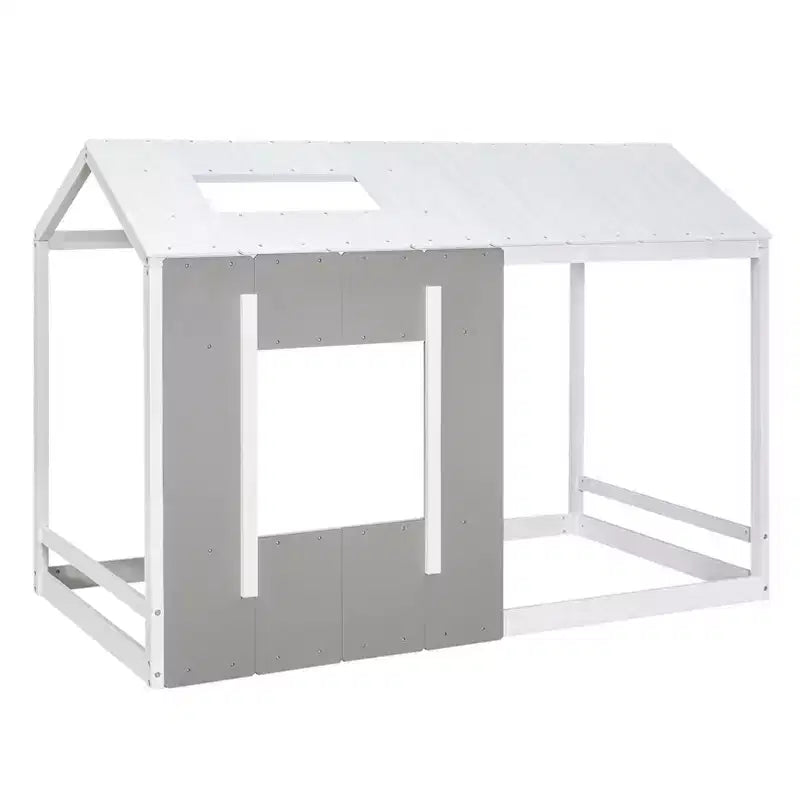 Bellemave Letto a Piattaforma per Bambini a Forma di Casetta con Tetto e Finestra, Struttura in Legno Massiccio, Design Moderno a Casetta, Bianco e Grigio Antico, Facile da Montare