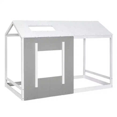 Bellemave Letto a Piattaforma per Bambini a Forma di Casetta con Tetto e Finestra, Struttura in Legno Massiccio, Design Moderno a Casetta, Bianco e Grigio Antico, Facile da Montare