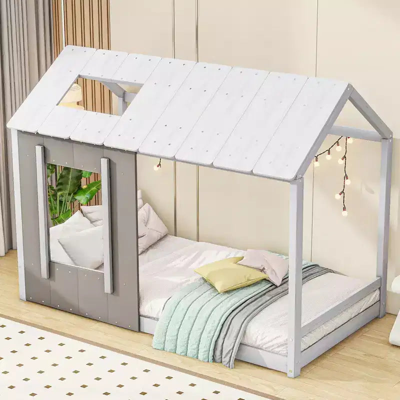 Bellemave Letto a Piattaforma per Bambini a Forma di Casetta con Tetto e Finestra, Struttura in Legno Massiccio, Design Moderno a Casetta, Bianco e Grigio Antico, Facile da Montare