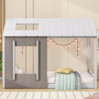 Bellemave Letto a Piattaforma per Bambini a Forma di Casetta con Tetto e Finestra, Struttura in Legno Massiccio, Design Moderno a Casetta, Bianco e Grigio Antico, Facile da Montare
