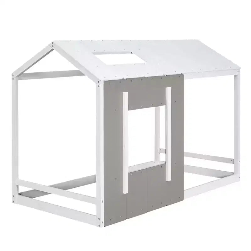 Bellemave Letto a Piattaforma per Bambini a Forma di Casetta con Tetto e Finestra, Struttura in Legno Massiccio, Design Moderno a Casetta, Bianco e Grigio Antico, Facile da Montare