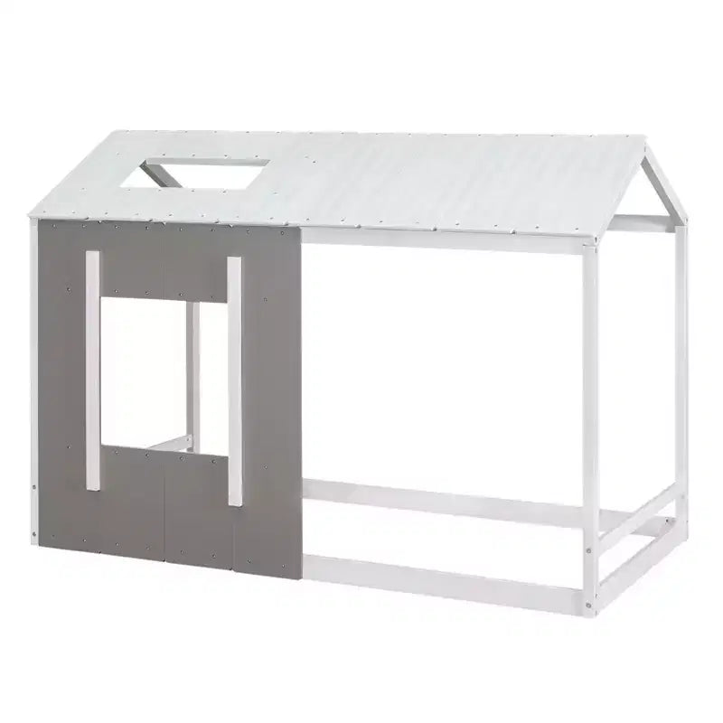 Bellemave Letto a Piattaforma per Bambini a Forma di Casetta con Tetto e Finestra, Struttura in Legno Massiccio, Design Moderno a Casetta, Bianco e Grigio Antico, Facile da Montare