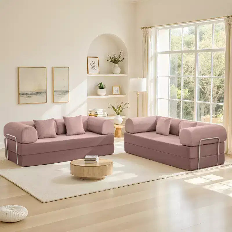 Divano letto convertibile in velluto a coste rosa chiaro da 78,7 pollici, struttura in metallo, divano pieghevole da terra (taglia grande)