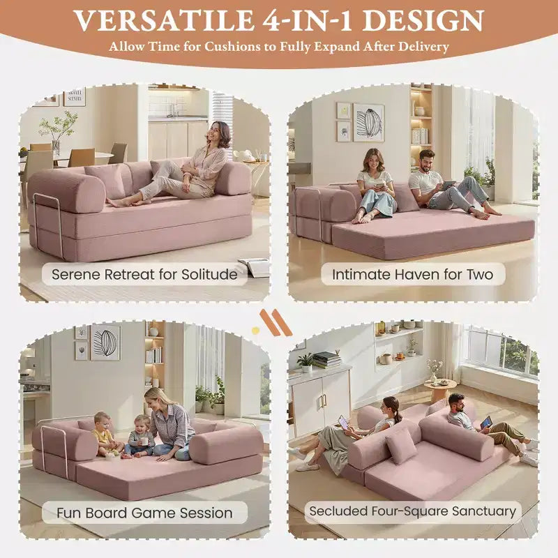 Divano letto convertibile in velluto a coste rosa chiaro da 78,7 pollici, struttura in metallo, divano pieghevole da terra (taglia grande)
