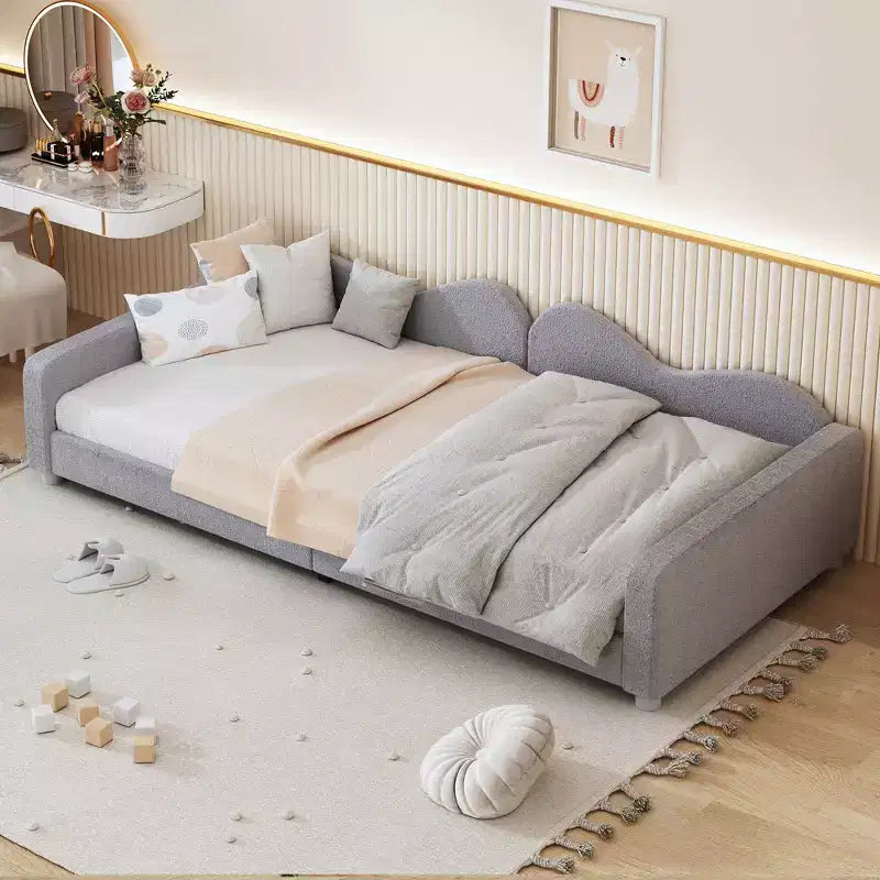 Divano letto imbottito con due cassetti portaoggetti, divano letto trapuntato con bottoni sullo schienale e profili sui braccioli a onda per camera da letto o camera degli ospiti