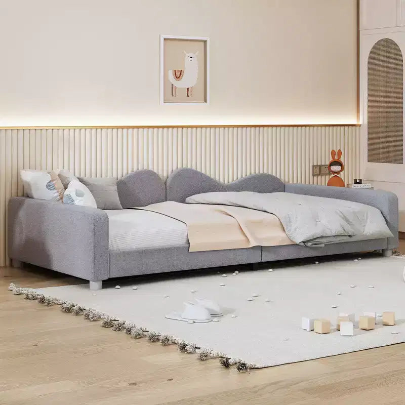 Divano letto imbottito con due cassetti portaoggetti, divano letto trapuntato con bottoni sullo schienale e profili sui braccioli a onda per camera da letto o camera degli ospiti