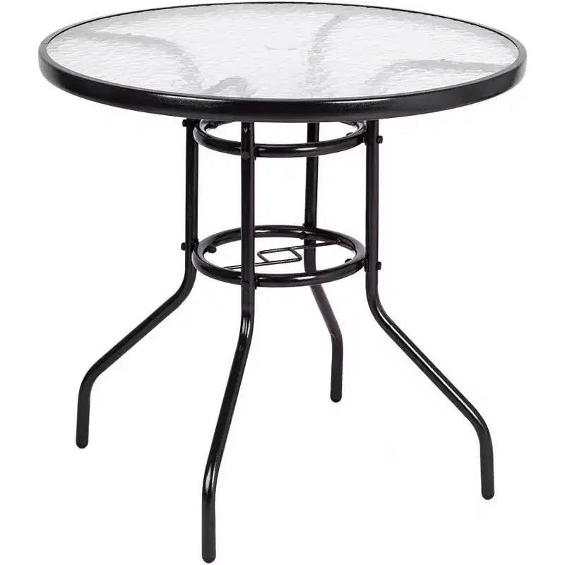 VINGLI Patio Table with Umbrella Hole, 32 Outdoor Dining Table Steel Tempered Glass Patio Tables Round Outdoor Tables for Balcony Garden Deck
