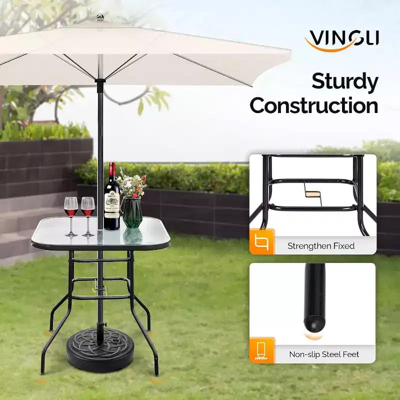 VINGLI Tavolo da patio con foro per ombrellone, tavolino da esterno 32 pollici in acciaio con piano in vetro temperato, tavoli rotondi da esterno per balcone, giardino, terrazza