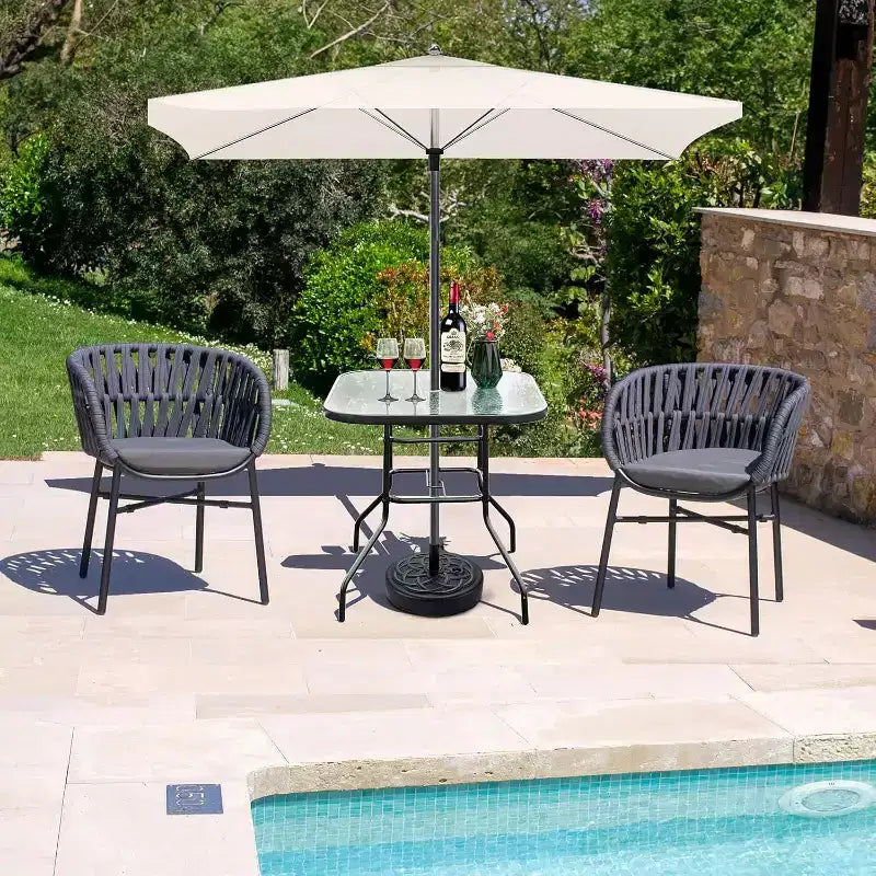 VINGLI Tavolo da patio con foro per ombrellone, tavolino da esterno 32 pollici in acciaio con piano in vetro temperato, tavoli rotondi da esterno per balcone, giardino, terrazza