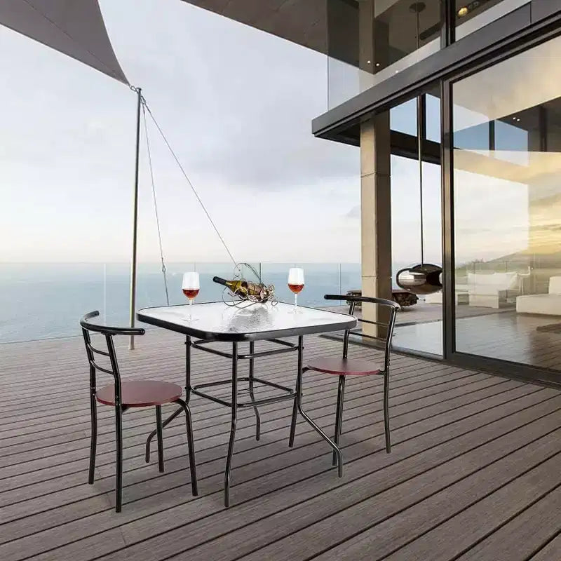 VINGLI Tavolo da patio con foro per ombrellone, tavolino da esterno 32 pollici in acciaio con piano in vetro temperato, tavoli rotondi da esterno per balcone, giardino, terrazza