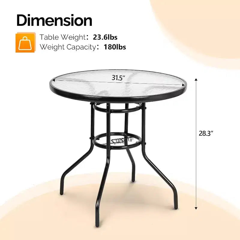 VINGLI Tavolo da patio con foro per ombrellone, tavolino da esterno 32 pollici in acciaio con piano in vetro temperato, tavoli rotondi da esterno per balcone, giardino, terrazza
