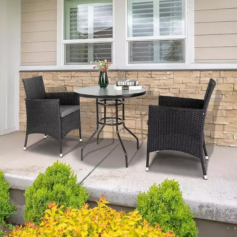 VINGLI Tavolo da patio con foro per ombrellone, tavolino da esterno 32 pollici in acciaio con piano in vetro temperato, tavoli rotondi da esterno per balcone, giardino, terrazza