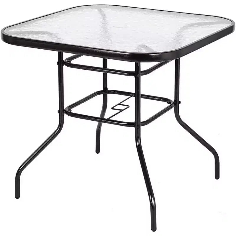 VINGLI Tavolo da patio con foro per ombrellone, tavolino da esterno 32 pollici in acciaio con piano in vetro temperato, tavoli rotondi da esterno per balcone, giardino, terrazza
