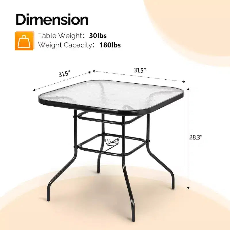 VINGLI Tavolo da patio con foro per ombrellone, tavolino da esterno 32 pollici in acciaio con piano in vetro temperato, tavoli rotondi da esterno per balcone, giardino, terrazza
