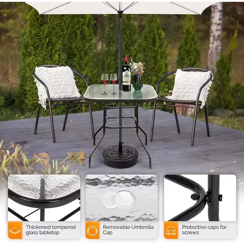 VINGLI Tavolo da patio con foro per ombrellone, tavolino da esterno 32 pollici in acciaio con piano in vetro temperato, tavoli rotondi da esterno per balcone, giardino, terrazza