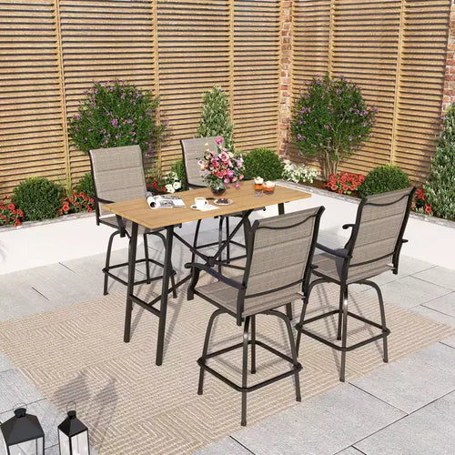 Captiva Designs 5pc Patio Slat-top Rectangle Wood-look Finished Metal Bar Table & Sling Swivel Bar Stools