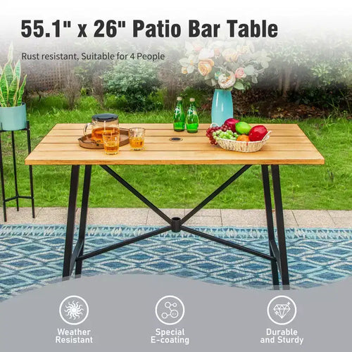 Captiva Designs Set da 5 pezzi tavolo da bar rettangolare con piano a doghe effetto legno in metallo e sgabelli da bar girevoli con seduta in tessuto a rete