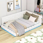 Upholstered Full Size Platform Bed with USB Ports and LED Belt, Wood Teddy Fabric Corner Daybed Frame for Livingroom, Bedroom, White