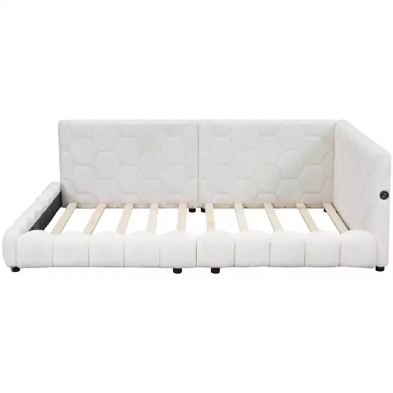Letto imbottito a piattaforma, misura matrimoniale, con porte USB e cintura LED, struttura a divano letto angolare in tessuto Teddy in legno per soggiorno, camera da letto, bianco