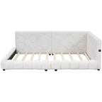 Letto imbottito a piattaforma, misura matrimoniale, con porte USB e cintura LED, struttura a divano letto angolare in tessuto Teddy in legno per soggiorno, camera da letto, bianco