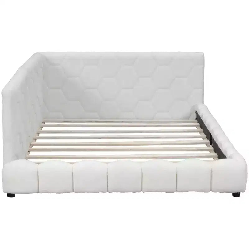 Letto imbottito a piattaforma, misura matrimoniale, con porte USB e cintura LED, struttura a divano letto angolare in tessuto Teddy in legno per soggiorno, camera da letto, bianco