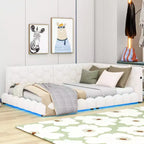 Letto imbottito a piattaforma, misura matrimoniale, con porte USB e cintura LED, struttura a divano letto angolare in tessuto Teddy in legno per soggiorno, camera da letto, bianco