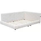 Letto imbottito a piattaforma, misura matrimoniale, con porte USB e cintura LED, struttura a divano letto angolare in tessuto Teddy in legno per soggiorno, camera da letto, bianco