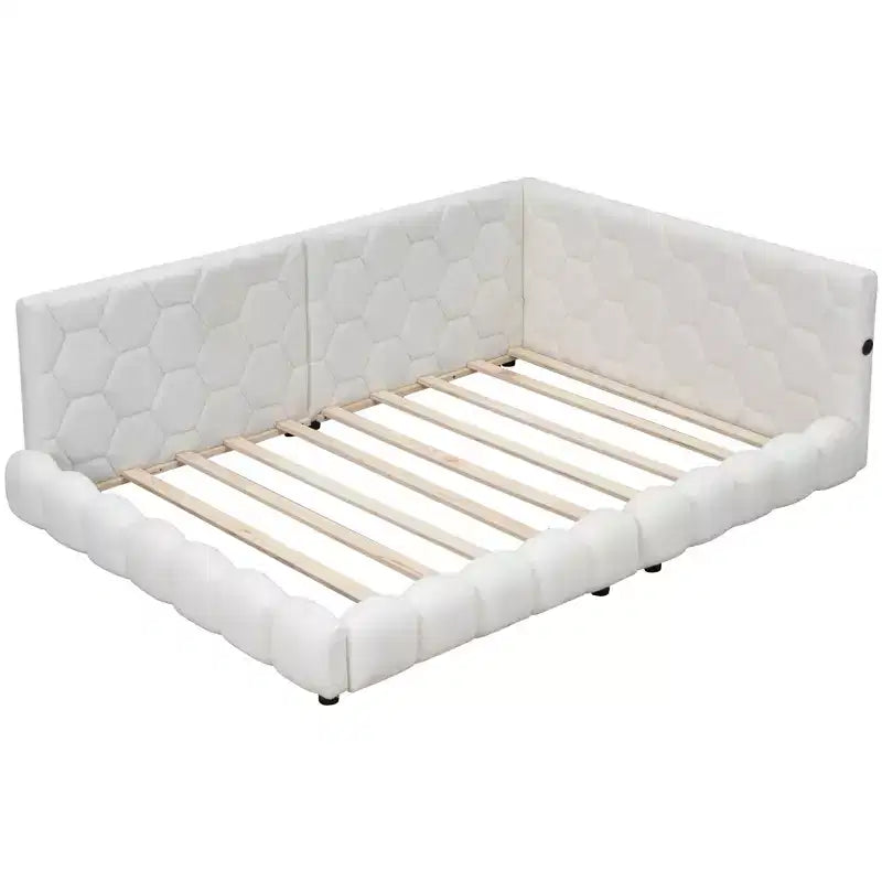 Letto imbottito a piattaforma, misura matrimoniale, con porte USB e cintura LED, struttura a divano letto angolare in tessuto Teddy in legno per soggiorno, camera da letto, bianco