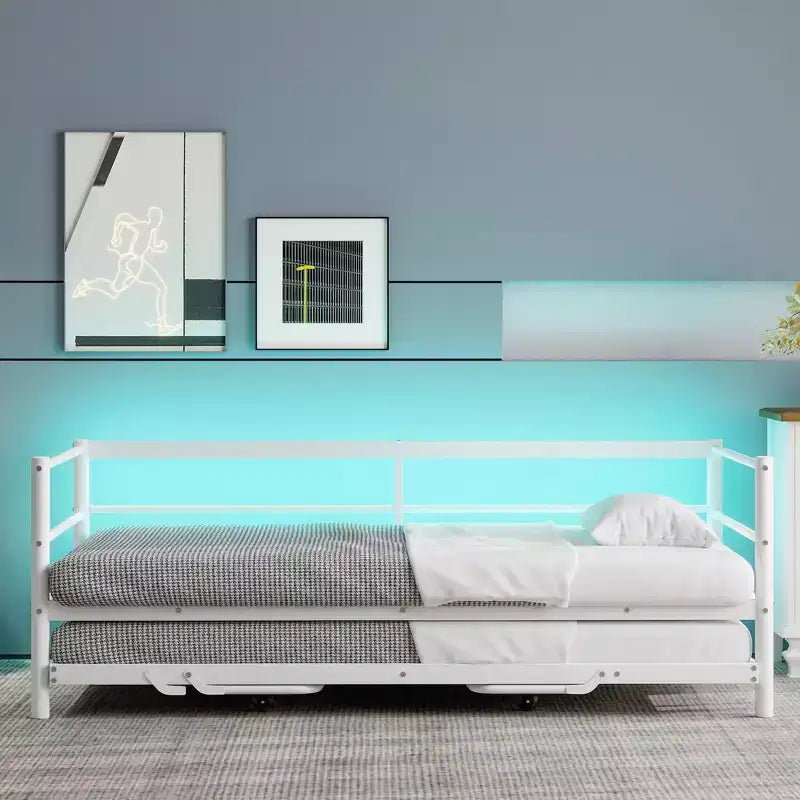 Divano letto singolo in metallo con letto estraibile regolabile, Divano letto singolo con luci LED e letto estraibile a scomparsa