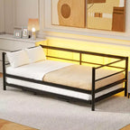 Divano letto singolo in metallo con letto estraibile regolabile, Divano letto singolo con luci LED e letto estraibile a scomparsa