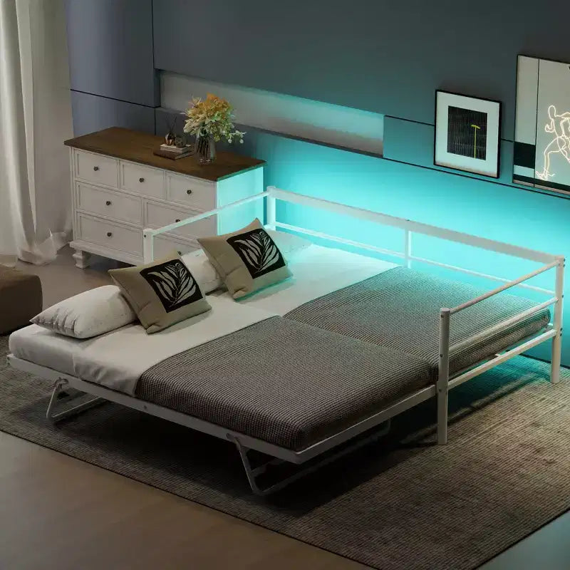 Divano letto singolo in metallo con letto estraibile regolabile, Divano letto singolo con luci LED e letto estraibile a scomparsa