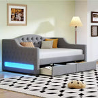 Divano Letto Imbottito Una Piazza e Mezza con Letto Estraibile e Schienale Trapuntato, Divano Letto in Lino con Striscia LED