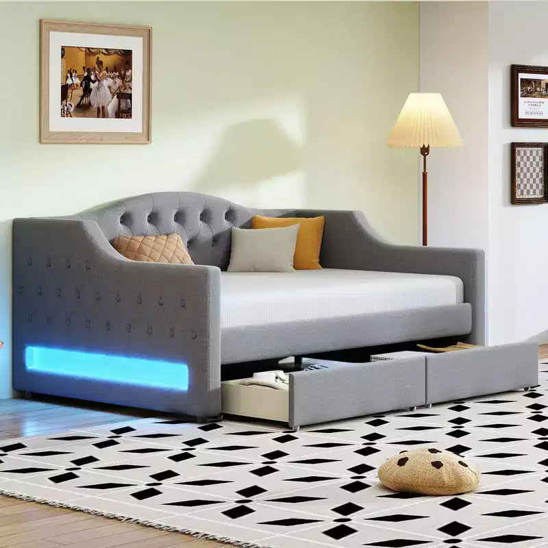 Divano Letto Imbottito Una Piazza e Mezza con Letto Estraibile e Schienale Trapuntato, Divano Letto in Lino con Striscia LED