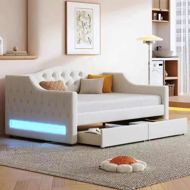 Divano Letto Imbottito Una Piazza e Mezza con Letto Estraibile e Schienale Trapuntato, Divano Letto in Lino con Striscia LED