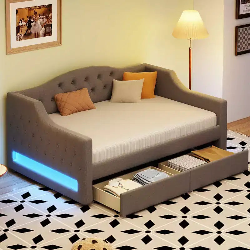 Divano Letto Imbottito Una Piazza e Mezza con Letto Estraibile e Schienale Trapuntato, Divano Letto in Lino con Striscia LED