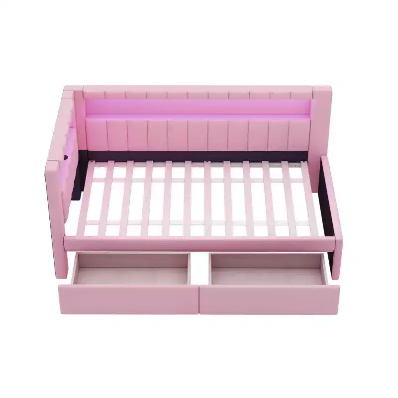 Divano Letto Singolo Imbottito con 2 Cassetti, Struttura con Contenitore, Testiera a L, Porte USB e LED