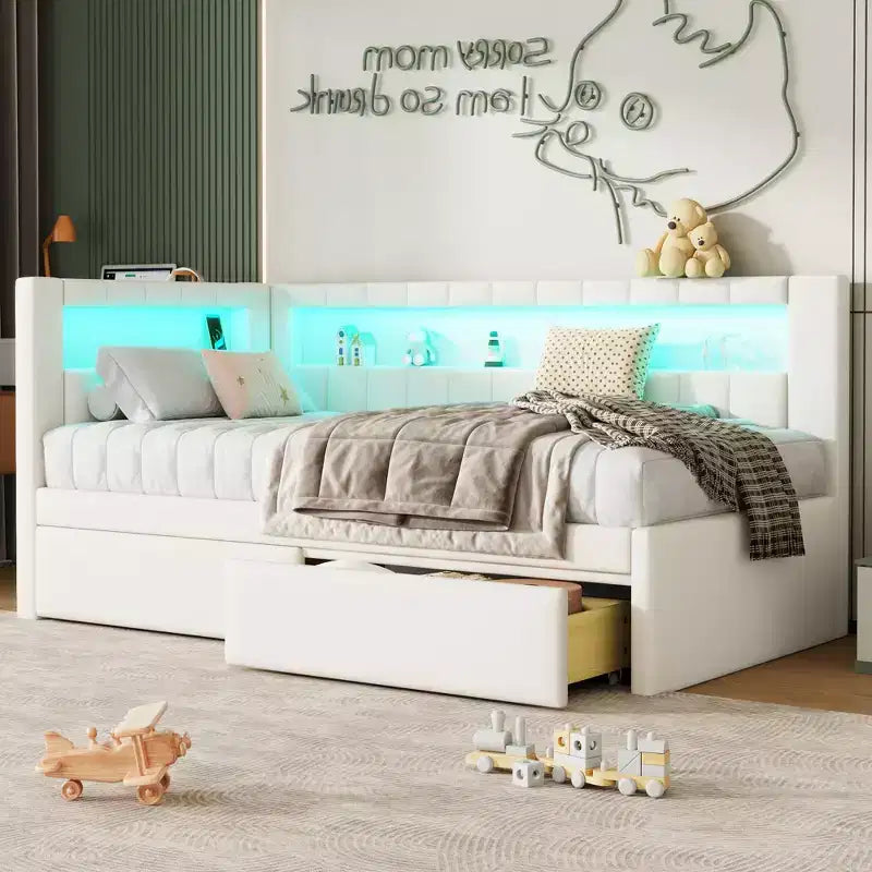 Divano Letto Singolo Imbottito con 2 Cassetti, Struttura con Contenitore, Testiera a L, Porte USB e LED