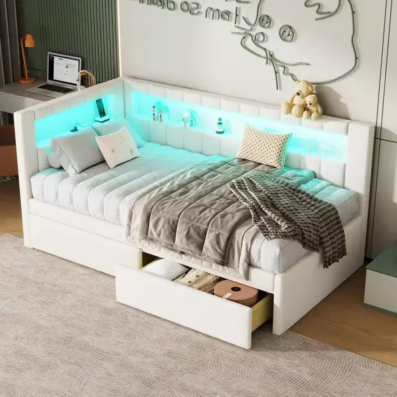 Divano Letto Singolo Imbottito con 2 Cassetti, Struttura con Contenitore, Testiera a L, Porte USB e LED